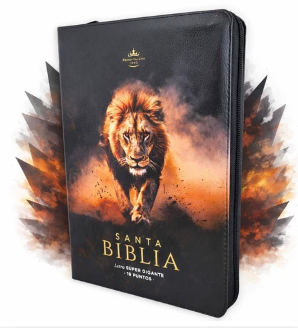 BIBLIA CON CIERRE LETRA SUPER GIGANTE 19 PUNTOS MEDIANA RVR1960. IMIT NEGRO LEON Y CANTO